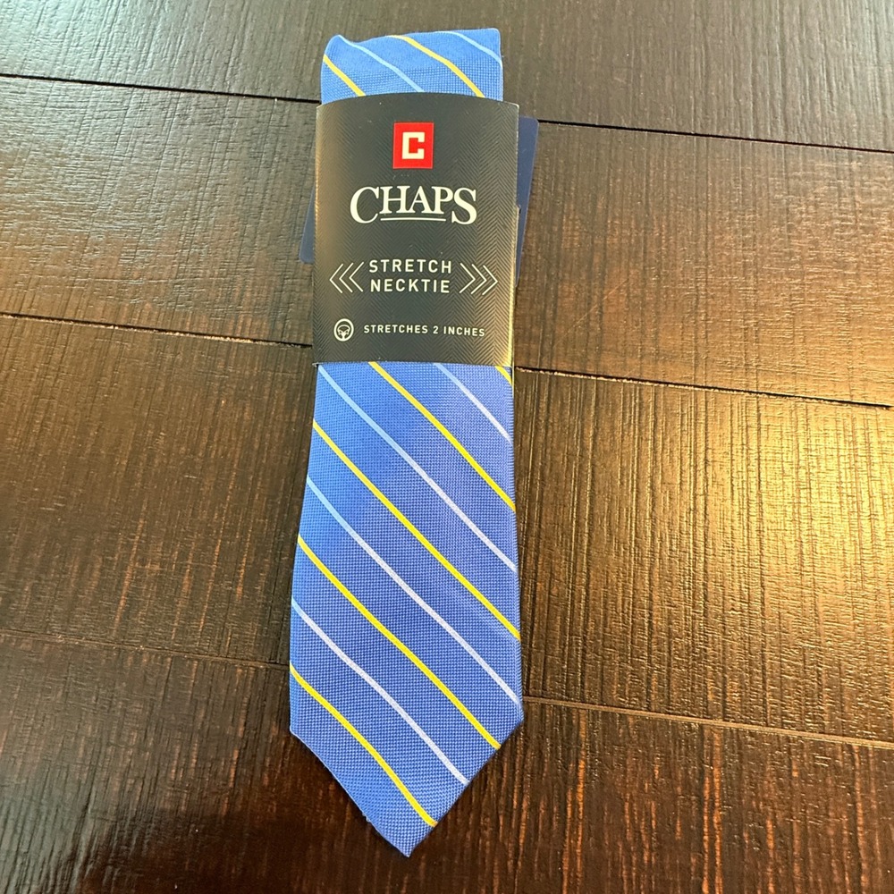 Chaps Mens Stretch Necktie Blue Yellow Andrews Stripe Diagonal Silk Blend Tie - Picture 4 of 4